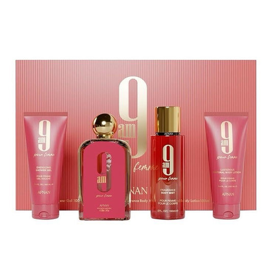 AFNAN 9AM FEMME 4PC SET 3.4 EDP SPRAY / 3.4 S.GEL / 3.4 BL / 5.0 BODY MIST
